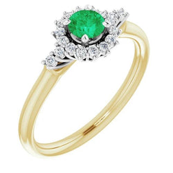 Anello con smeraldo verde rotondo con diamante da 1.50 carati oro bicolore 14K