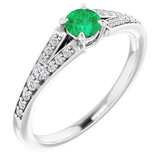 Anello con smeraldo verde rotondo con gambo diviso 1.75 carati in oro bianco 14K - harrychadent.it