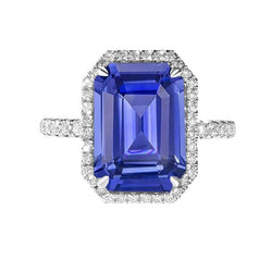 Anello con taglio a smeraldo con alone blu zaffiro 5.50 carati gioielli con diamanti