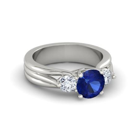 Anello con tre diamanti e zaffiro di Ceylon a taglio rotondo, 1,75 carati, WG 14K - harrychadent.it