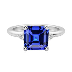 Anello con tre pietre di zaffiro Asscher 2.75 carati piccoli diamanti rotondi