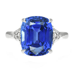 Anello con tre pietre di zaffiro blu ovale e trilioni di diamanti 4.50 carati