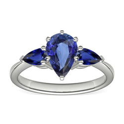 Anello con tre pietre di zaffiro blu pera 2 carati in oro bianco 14K