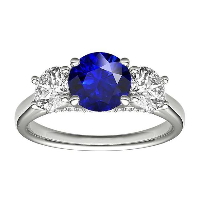 Anello con tre pietre di zaffiro blu rotondo e diamanti rotondi 2.50 carati - harrychadent.it