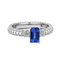 Anello con tre pietre in stile antico con smeraldo dello Sri Lanka e zaffiro 1.75 carati