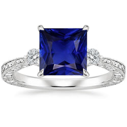 Anello con tre pietre preziose Zaffiro blu principessa e diamante 5.25 carati