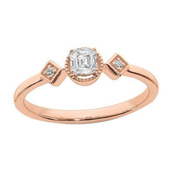 Anello con tre pietre rotonde e diamanti Asscher incastonati 2 carati in oro rosa
