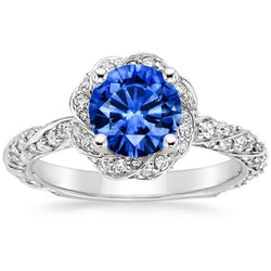 Anello con zaffiri Ceylon da 2,15 carati Diamante tondo e pietra preziosa in oro bianco 14K