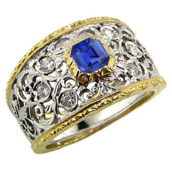 Anello con zaffiro Asscher con castone rotondo con diamanti in filigrana bicolore 2 carati