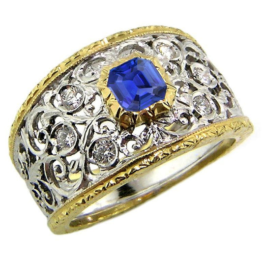 Anello con zaffiro Asscher con castone rotondo con diamanti in filigrana bicolore 2 carati - harrychadent.it