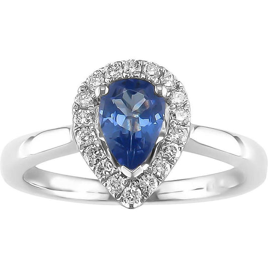 Anello con zaffiro di Ceylon a forma di pera e diamanti, oro bianco 14 kt, 3,30 ct, 14 kt - harrychadent.it