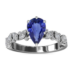 Anello con zaffiro Marquise blu 3 carati e diamanti tondi, pietre preziose in oro bianco 14k