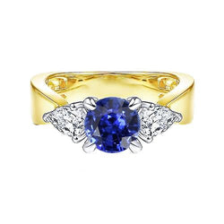 Anello con zaffiro blu 2 carati e diamante Pear 3 pietre e due set di rebbi
