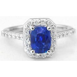 Anello con zaffiro blu Ceylon da 3,40 carati e diamanti in oro bianco 14 carati