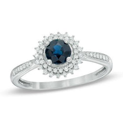 Anello con zaffiro blu Ceylon tondo da 3,10 carati e diamanti WG in oro bianco 14K