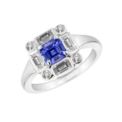 Anello con zaffiro blu Halo 3 carati con castone baguette e diamanti rotondi