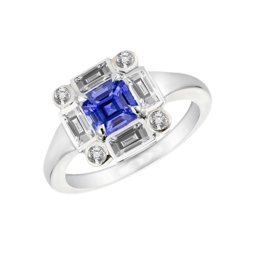 Anello con zaffiro blu Halo 3 carati con castone baguette e diamanti rotondi - harrychadent.it