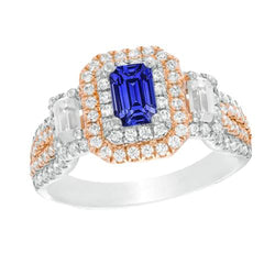 Anello con zaffiro blu bicolore doppio alone con smeraldo e diamanti 4 carati