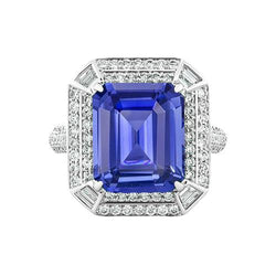 Anello con zaffiro blu con diamante a forma di smeraldo 4.50 carati con pavé di accenti