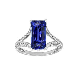Anello con zaffiro blu con pietra preziosa smeraldo 4,50 carati con gambo diviso in oro bianco