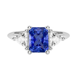 Anello con zaffiro blu da 2 carati, tre trilioni di diamanti, punte naturali
