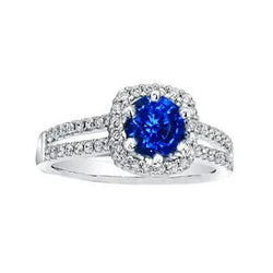 Anello con zaffiro blu da 2,50 carati e diamante rotondo in oro bianco 14 carati