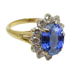 Anello con zaffiro blu dello Sri Lanka a taglio rotondo 3 carati e diamanti in oro bianco 14 carati