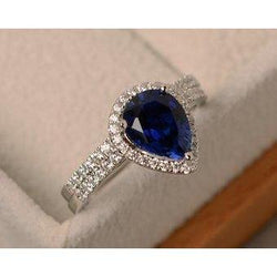 Anello con zaffiro blu dello Sri Lanka da 2,75 carati e diamante tondo pera WG in oro bianco 14 carati