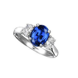 Anello con zaffiro blu dello Sri Lanka e diamanti 3 pietre 2.60 carati WG 14K