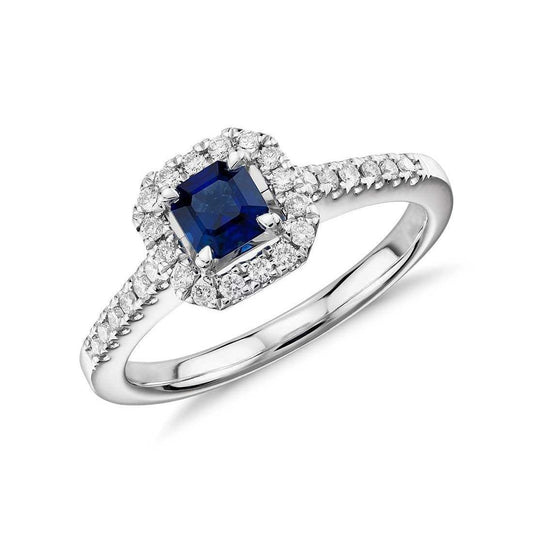 Anello con zaffiro blu e diamanti taglio Asscher in oro bianco 1.55 carati - harrychadent.it