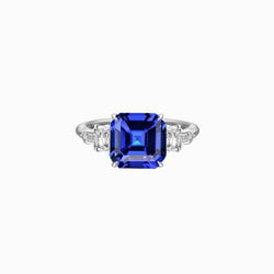 Anello con zaffiro blu naturale Asscher con diamanti luminosi e baguette 2 carati