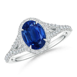 Anello con zaffiro blu ovale da 2,50 carati e diamante in oro bianco 14 carati