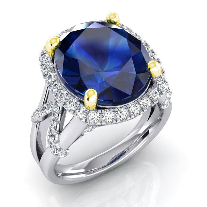 Anello con zaffiro blu ovale e diamanti a taglio rotondo 7,80 carati