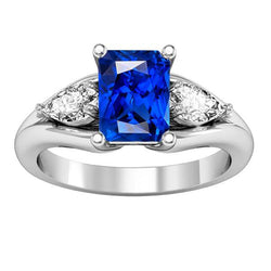 Anello con zaffiro blu radiante a pera con diamante 3 carati a V con gambo diviso 3 pietre