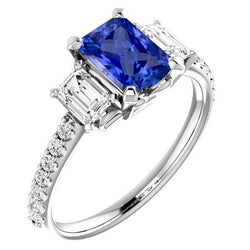 Anello con zaffiro blu radiante smeraldo diamante 3 carati oro bianco 14K