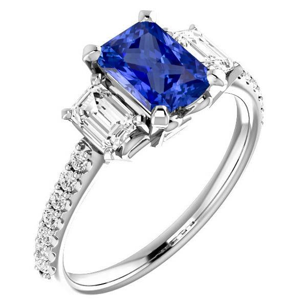 Anello con zaffiro blu radiante smeraldo diamante 3 carati oro bianco 14K - harrychadent.it