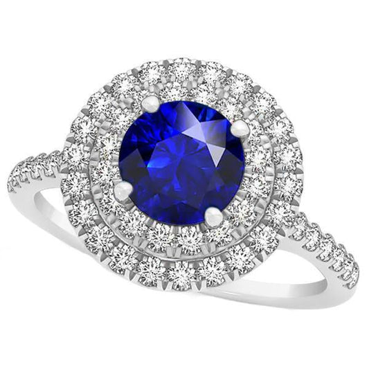 Anello con zaffiro blu rotondo con diamante doppio alone 4 carati da donna in oro 14K - harrychadent.it