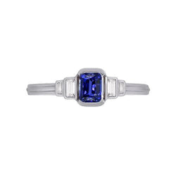 Anello con zaffiro blu smeraldo con pietra preziosa 5 diamanti Baguette in pietra 2 carati