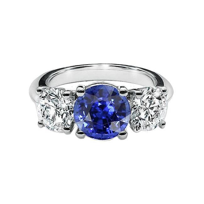 Anello con tre pietre di zaffiro blu rotondo e diamanti. oro 2.50 carati 14K - harrychadent.it