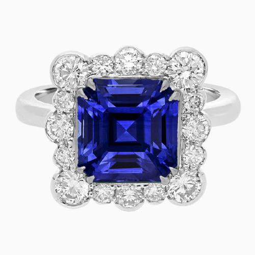 Anello con zaffiro da donna con taglio Asscher e diamante rotondo Halo 3.50 carati - harrychadent.it