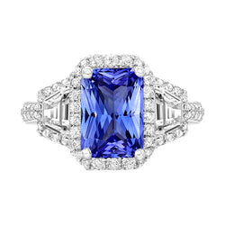 Anello con zaffiro rotondo con diamante Halo 4 carati baguette e accenti di smeraldo