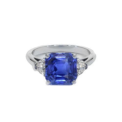 Anello da donna 3 pietre con zaffiro Asscher Ceylon e diamanti 4.50 carati