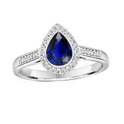 Anello da donna Halo con zaffiro blu intenso 3 carati e accenti di diamanti rotondi in oro bianco 14 carati