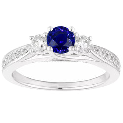 Anello da donna con 3 diamanti stile pietra tondo blu zaffiro oro 5 carati