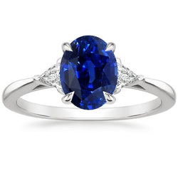 Anello da donna con 3 pietre ovale blu zaffiro e diamante taglio trilioni 3 carati