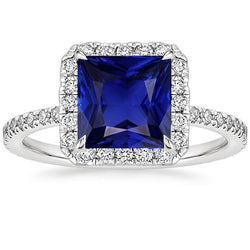 Anello da donna con diamante Halo Princess Blue Sapphire Center 6.50 Carats Gold