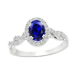 Anello da donna con diamante Halo. oro bianco. 4.50 carati. gioielli con zaffiro blu