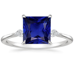 Anello da donna con diamante zaffiro blu principessa 5.25 carati oro bianco