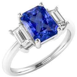Anello da donna con diamanti. zaffiro di Ceylon. 4 carati. set di cestini. baguette