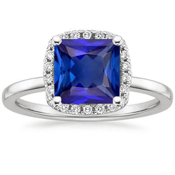 Anello da donna con gemme di diamanti Halo Zaffiro di Ceylon taglio Princess 6 carati
